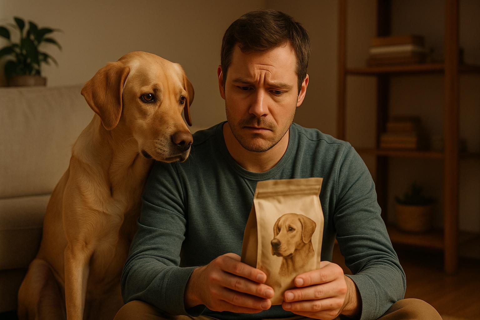 Hund und Herrchen blicken verwirrt auf eine Futterpackung und lesen die Beschreibung durch