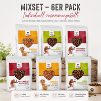 Sechs DOGS-HEART Trockenfutter-Packungen im 5-kg-Mixset mit Kartoffel & Geflügel, Lamm & Süßkartoffel und Kalb & Rind mit Süßkartoffel.