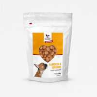 1,5 kg Beutel DOGS-HEART Trockenfutter mit Kartoffel und Geflügel, in weiß-orangefarbener Verpackung mit Herzfenster und Abbildung eines French Bulldogs.