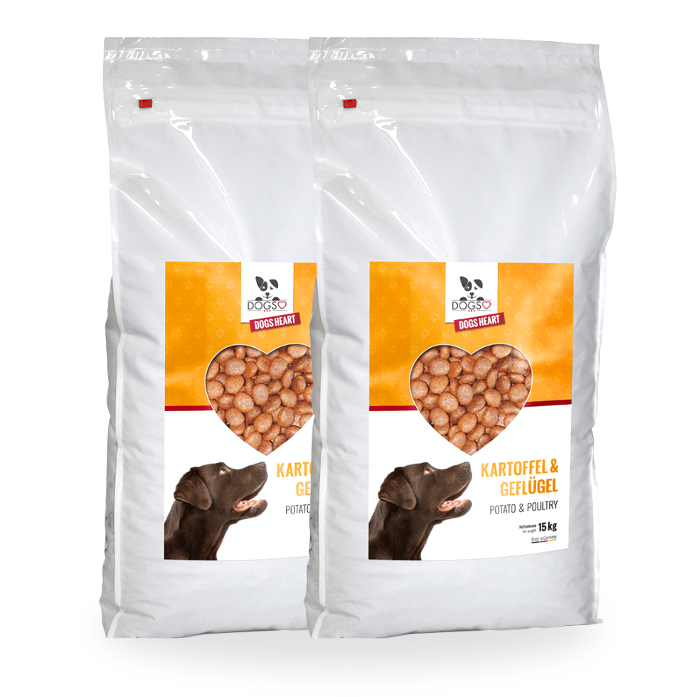 Premium Hundefutter Geflügel 15kg | Getreidefrei | Kleine Kroketten - DOGS - HEART - Trockenfutter
