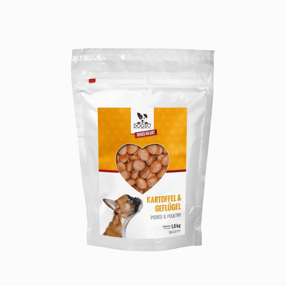 Premium Hundefutter Geflügel 15kg | Getreidefrei | Kleine Kroketten - DOGS - HEART - Trockenfutter