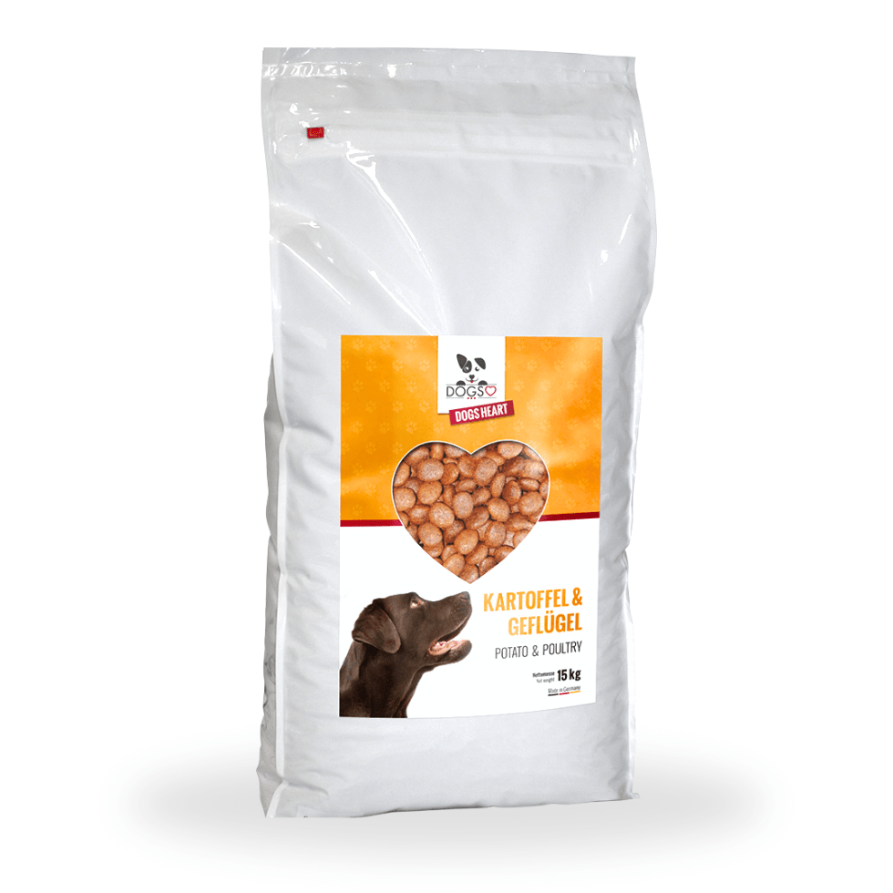 Premium Hundefutter Geflügel 15kg | Getreidefrei | Kleine Kroketten - DOGS - HEART - Trockenfutter