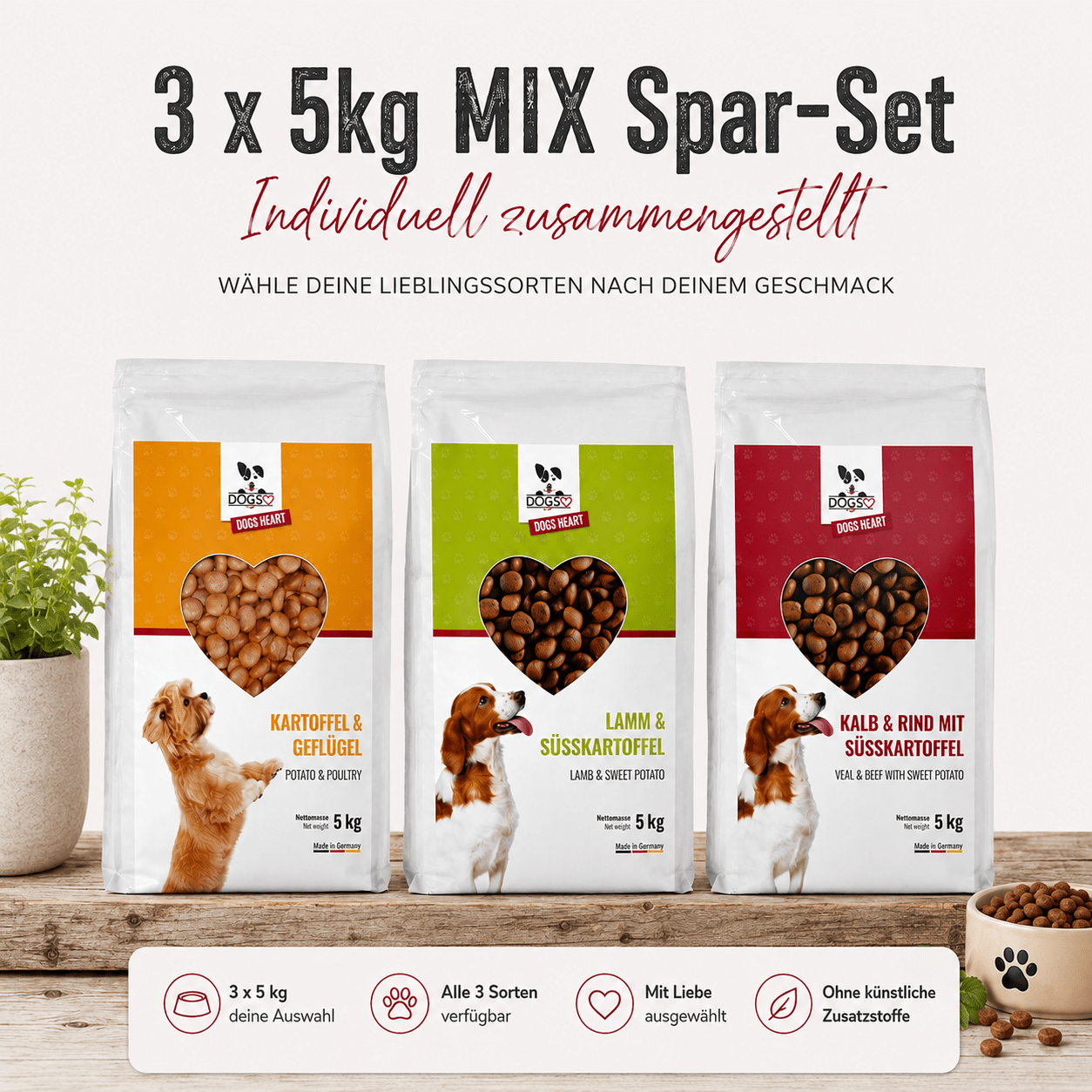 DOGS-HEART MIX Spar-Set mit 3 x 5 kg Trockenfutter, individuell wählbar aus Kartoffel & Geflügel, Lamm & Süßkartoffel sowie Kalb & Rind mit Süßkartoffel.