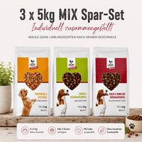 DOGS-HEART MIX Spar-Set mit 3 x 5 kg Trockenfutter, individuell wählbar aus Kartoffel & Geflügel, Lamm & Süßkartoffel sowie Kalb & Rind mit Süßkartoffel.